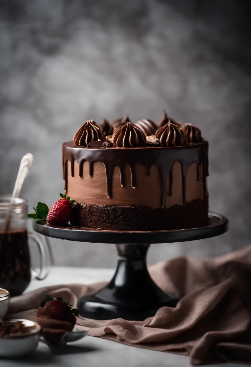a creative shot of a chocolate cake with a unique design, such as a drip cake, ombre effect, or intricate piping work, showcasing the artistry and craftsmanship involved