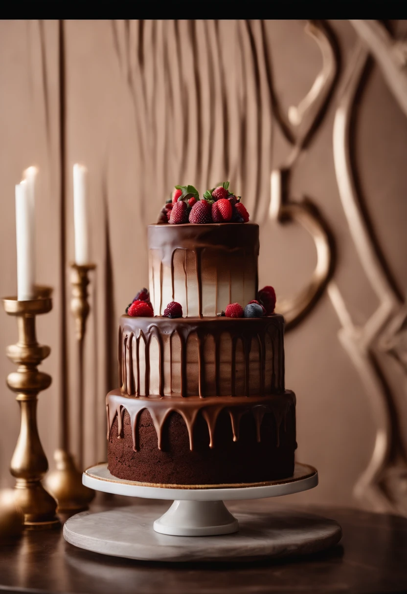 a creative shot of a chocolate cake with a unique design, such as a drip cake, ombre effect, or intricate piping work, showcasing the artistry and craftsmanship involved