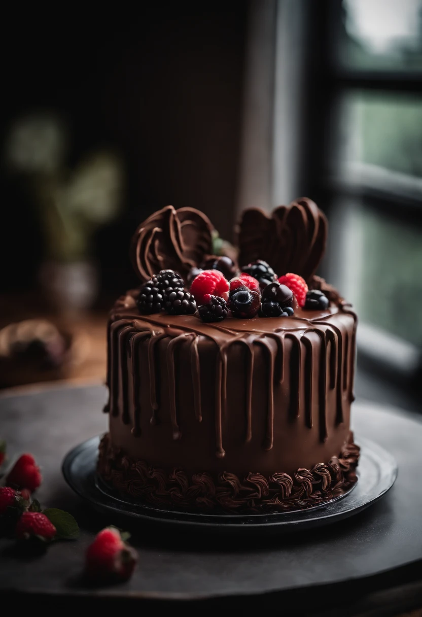 a creative shot of a chocolate cake with a unique design, such as a drip cake, ombre effect, or intricate piping work, showcasing the artistry and craftsmanship involved