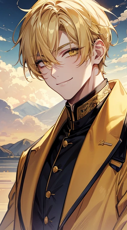 man 1、yellow short hair, long yellow eyelashes、Handsome man with yellow eyebrows and yellow expressive eyes, Smiling, Yellow eyes、细致背景