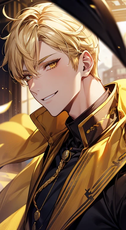 man 1、yellow short hair, long yellow eyelashes、Handsome man with yellow eyebrows and yellow expressive eyes, Smiling, Yellow eyes、细致背景、prinz