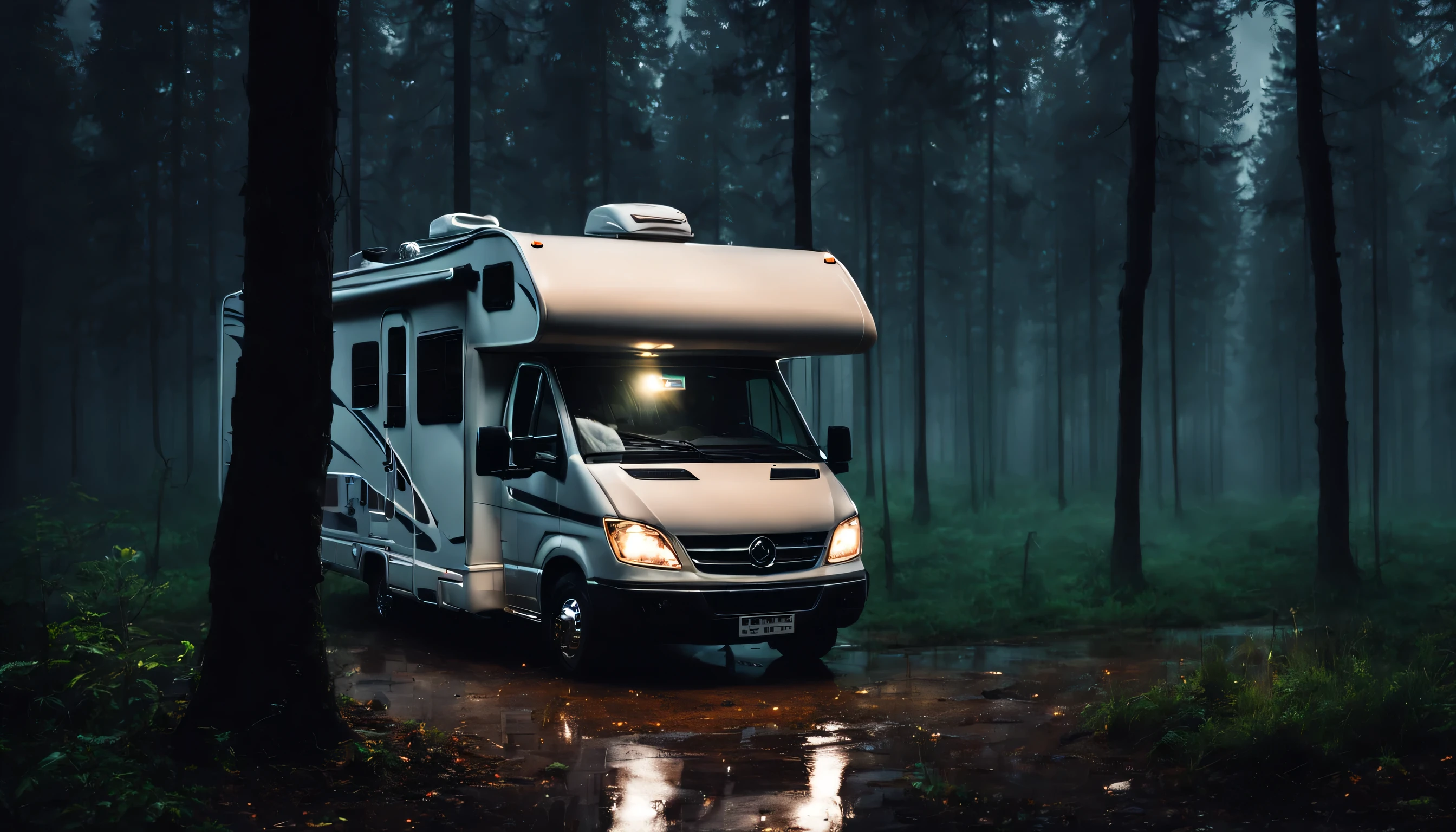 heavy rain on rv motorhome at night, lado enevoado e escuro da floresta