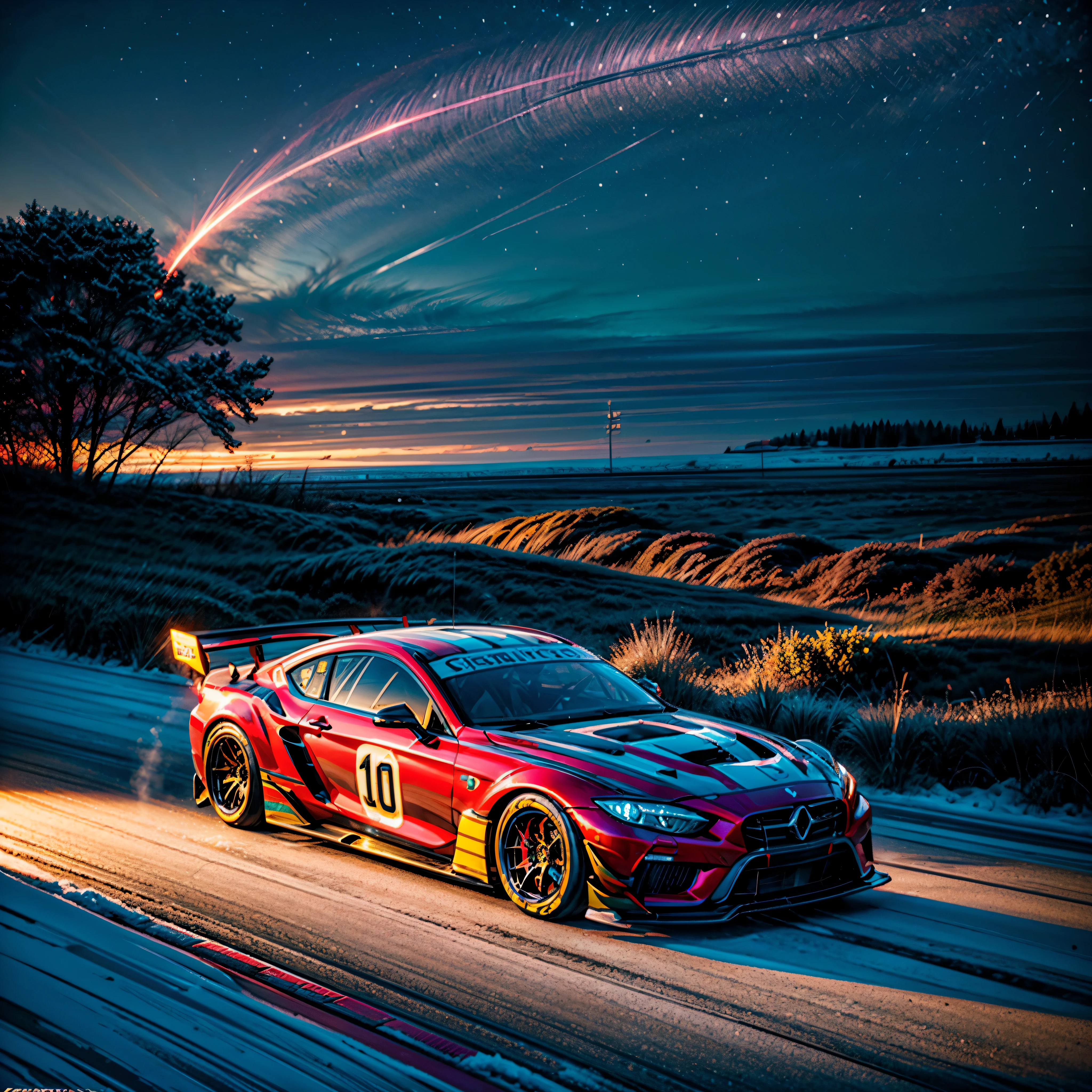 galaxy spacious hyper Nebula Sunset epic SunRise Start Racer Goal Auto_Racing_Circuit Race_Track deep path Equirectangular_360 Circuit UnrealEngine5 Ultra Masterpiece ultra_high-def ultra_Photo-realistic optimal ultra_high-quality opengl-shaders ultra_high-details accurate reflex ultra_high-res perfection volumetric Cinematic_Sunlight improved Octane_rendues UHD XT3 DSLR HDR 3dcg shadow analogiques extatiques symmetrical dazzling Will-o'-the-wisp global luminescence (((An boatmobile inspired ultra-realistic angelic neon metallic black silver and gold chrome race car designed on a icy surface road with snow falling and deep snow covers the ground and everything all around ))), best quality, ultra-detailed), race car, street racing-inspired, Drifting, LED, ((Twin headlights)), (((Bright neon color racing stripes Cristallines kit incandescente flash blow glow))), (Black racing wheels), Wheel spin showing motion, Show car in motion, Burnout, wide body, modified car, racing livery Lava varied multi etc. --s 1000 --c 20 --q 20 --chaos 100