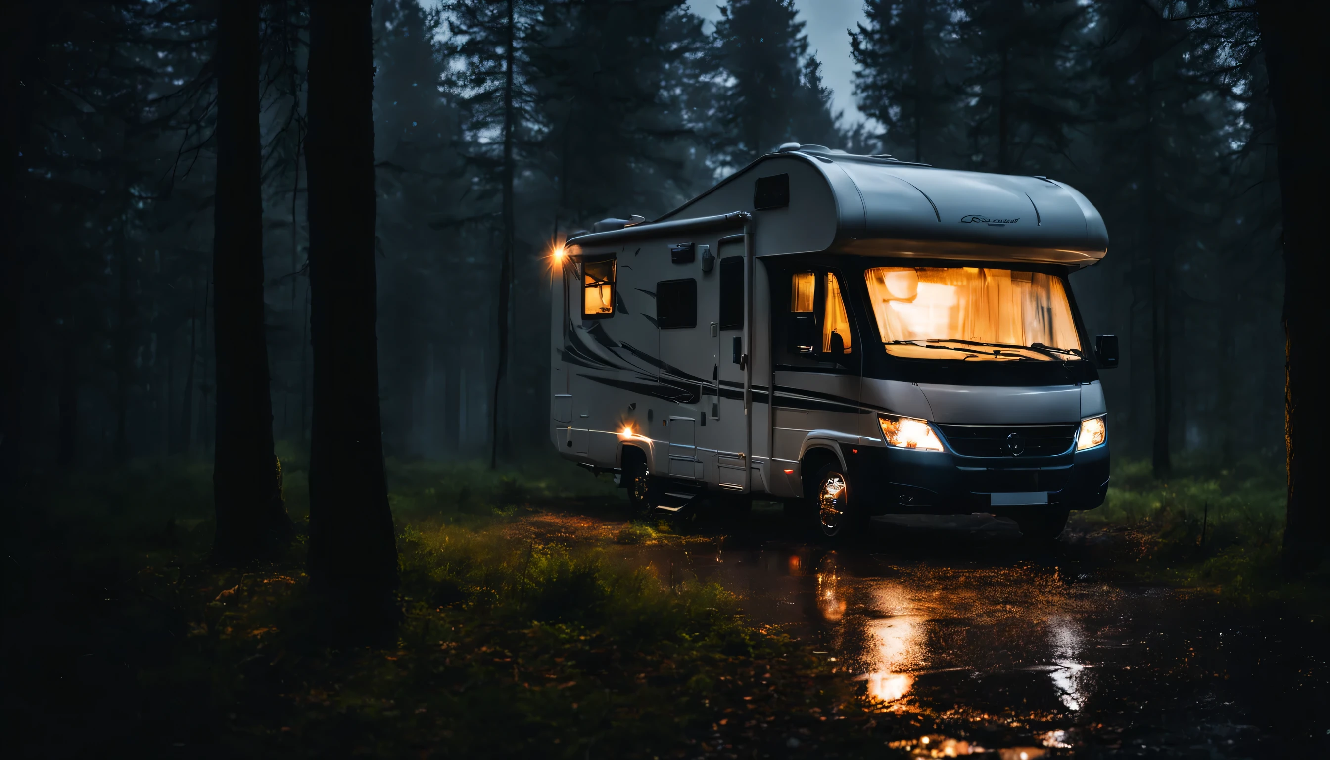 heavy rain on rv motorhome at night, lado enevoado e escuro da floresta