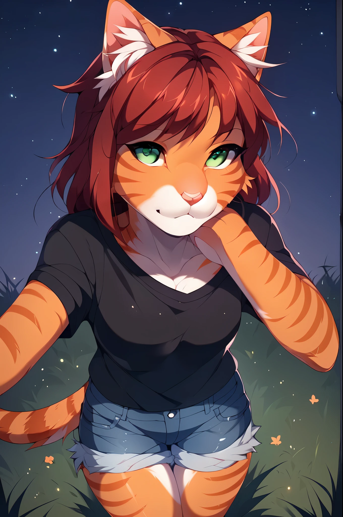 Sam, solo, orange tabby cat, crimson red hair, green eyes, orange tabby cat tail and ears, wearing black nerdy shirt, jean shorts, standing, (looking up at the sky):3, (facing up) chin up, by fumiko, by hyattlen, by hioshiru, on a grassy hill, cell shading, nighttime, upper body shot, portrait