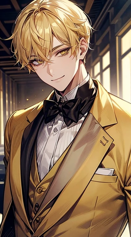 man 1、yellow short hair, long yellow eyelashes、Handsome man with yellow eyebrows and yellow expressive eyes, Smiling, Yellow eyes、细致背景、suits