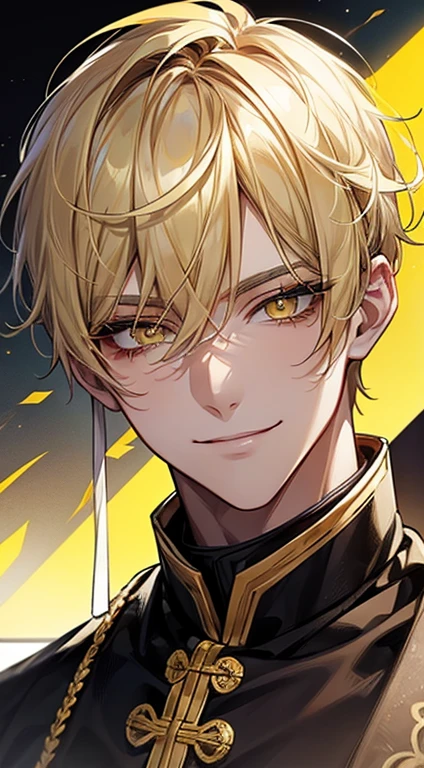 man 1、yellow short hair, long yellow eyelashes、Handsome man with yellow eyebrows and yellow expressive eyes, Smiling, Yellow eyes、细致背景、modeled