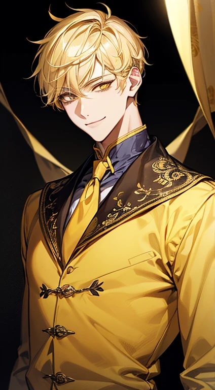 man 1、yellow short hair, long yellow eyelashes、Handsome man with yellow eyebrows and yellow expressive eyes, Smiling, Yellow eyes、细致背景、modeled