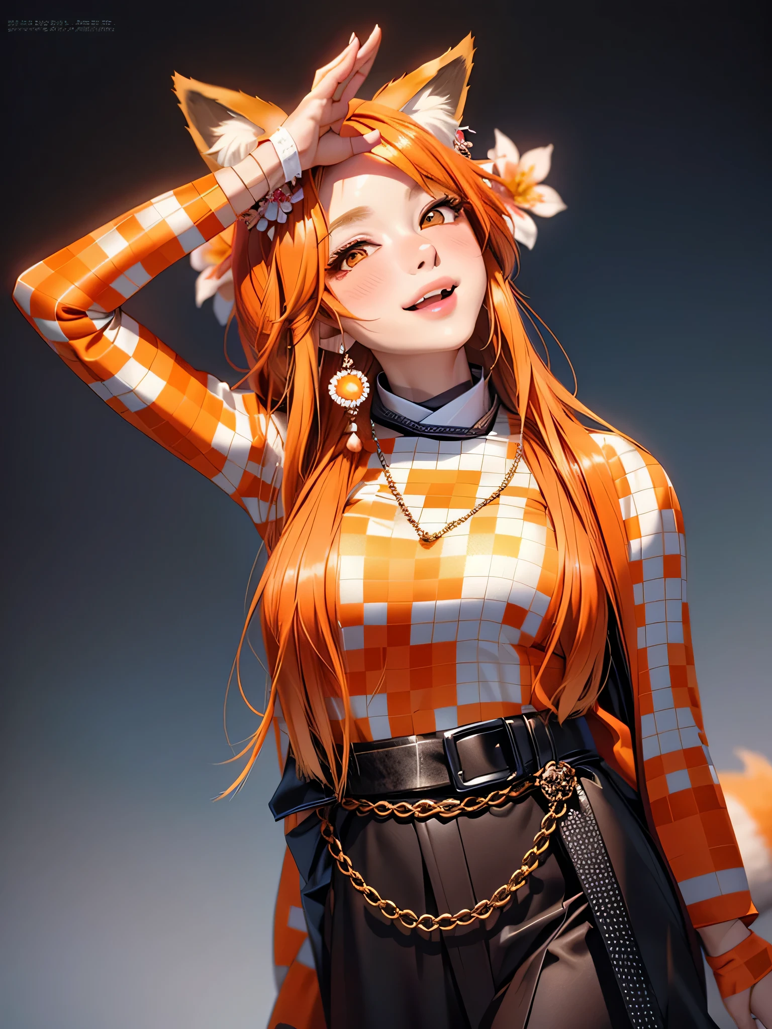 masterpiece, best quality, highly detailed, 1girl, solo, (:3:0.9), animal ear fluff, animal ears, orange hair, fluffy hair, blush, brown eyes, flower, fox ears, fox girl, gradient, gradient background, hair flower, hair ornament, japanese clothes, kimono, looking at viewer, miko, smile, solo, white kimono, beautiful lighting