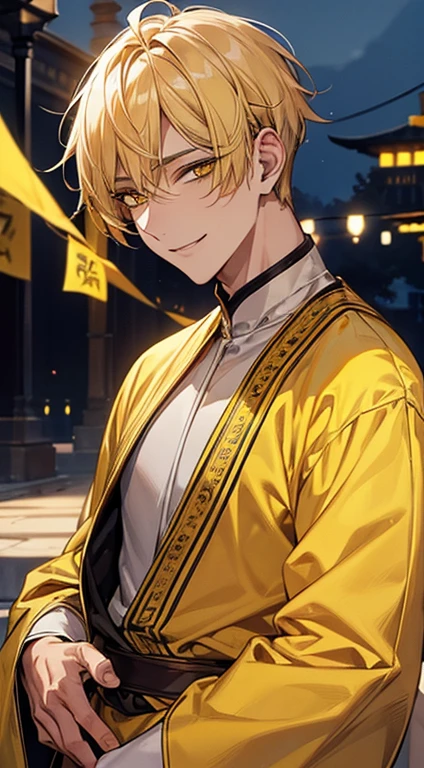 man 1、yellow short hair, long yellow eyelashes、Handsome man with yellow eyebrows and yellow expressive eyes, Smiling, Yellow eyes、细致背景、Arabian