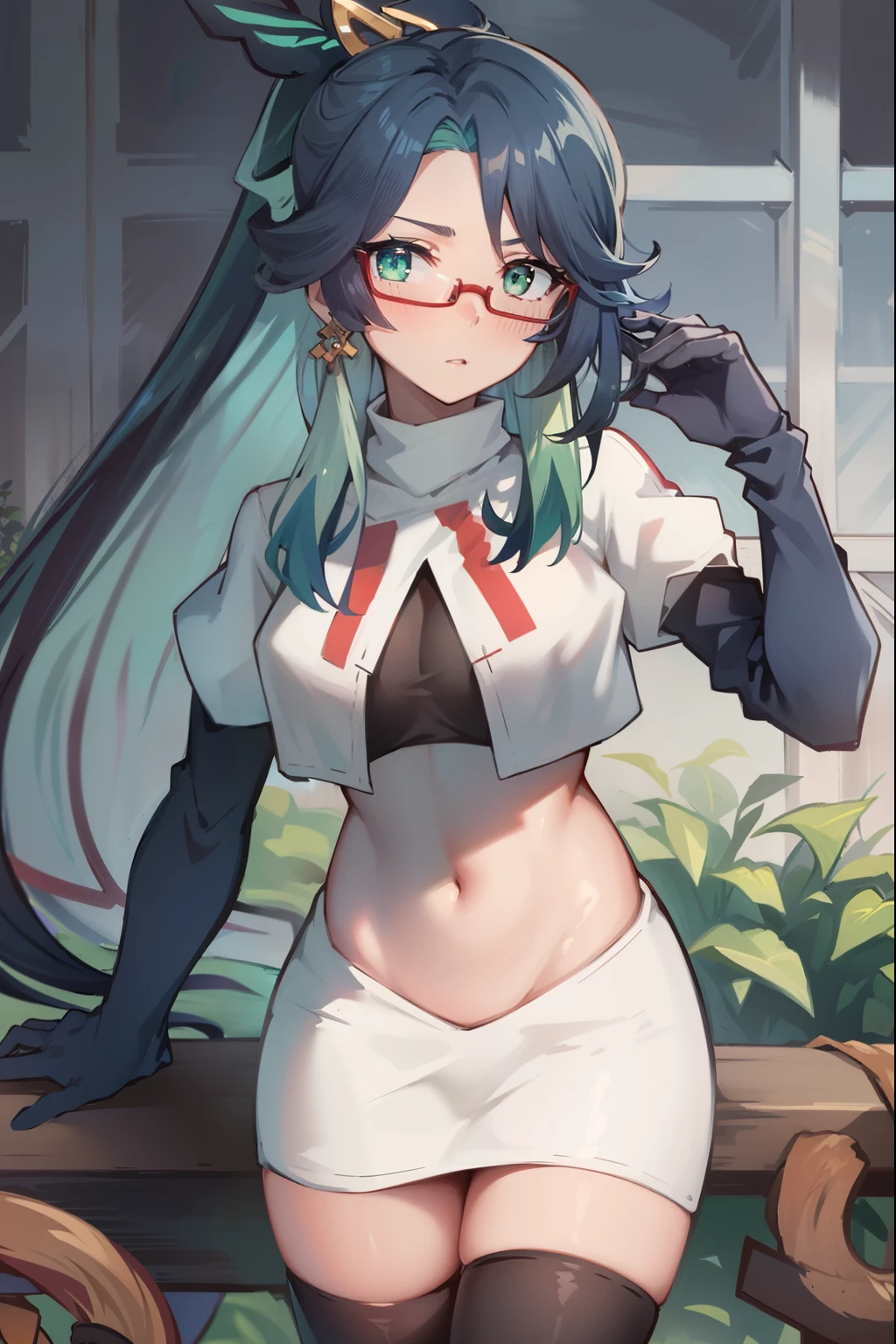 2d, masterpiece, best quality, anime, highly detailed face, perfect lighting, long hair, ponytail, multicolored hair, black hair, bangs, glasses, semi-rimless eyewear, earrings, green hair, hair ornament, jewelry, red-framed eyewear, green eyes, team rocket,team rocket uniform,white skirt,red letter R,crop top,black thigh-high boots,black elbow gloves, embarrassed, blush