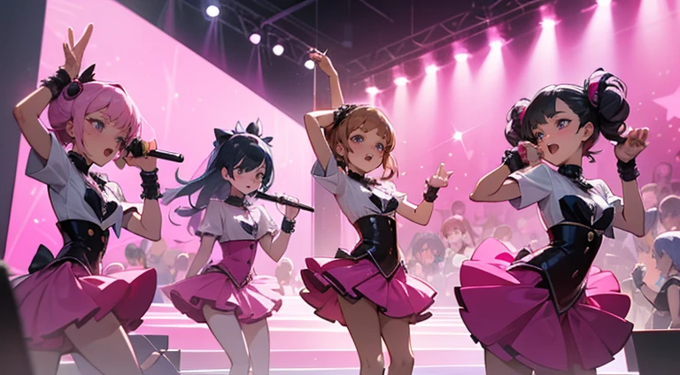 four girls, girl-group, idols, BlackPink, dancing in a skull-yard, kawaii, punk, cute, adorable girls, pink color scheme, anime wallpaper, masterpiece, best quality, Detailed, 2d Lighting, (4 girls)