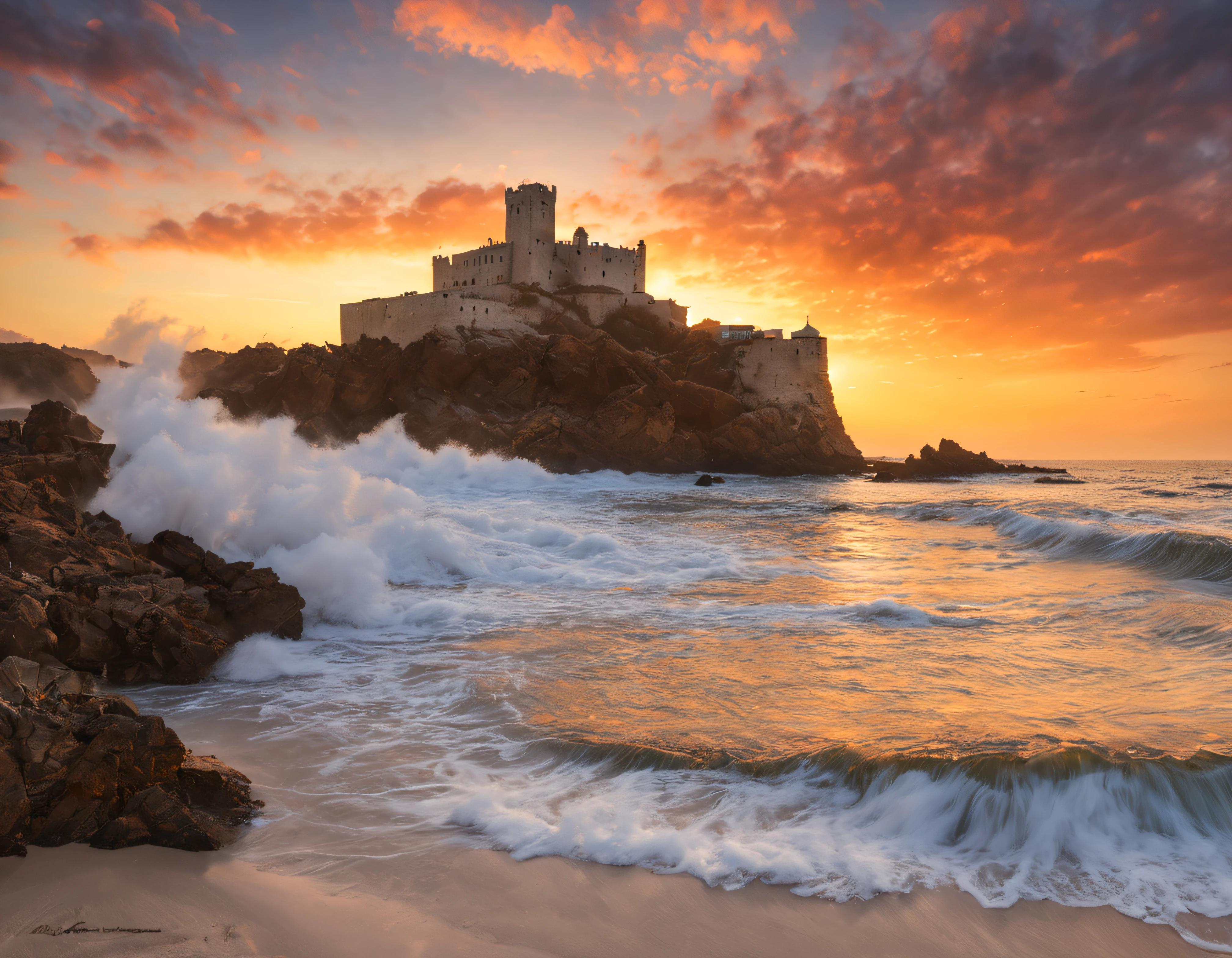 atardecer en una playa conlindante con un castillo, es la hora dorada, the sky turns orange, rojos y amarillos, las olas rompen sobre la arena en un movimiento dinamico , una detras de otra provocando el espumeo de sus crestas, agua azul cristalina, todo esto con,  (detalles intrincados de la maquina de alta calidad), estilo cinematografico, nitidez absoluta, imagen 8k.(obra maestra).(detalles intrincados de la maquina de alta calidad), estilo cinematografico, nitidez absoluta, imagen 8k. (obra maestra de superior calidad).