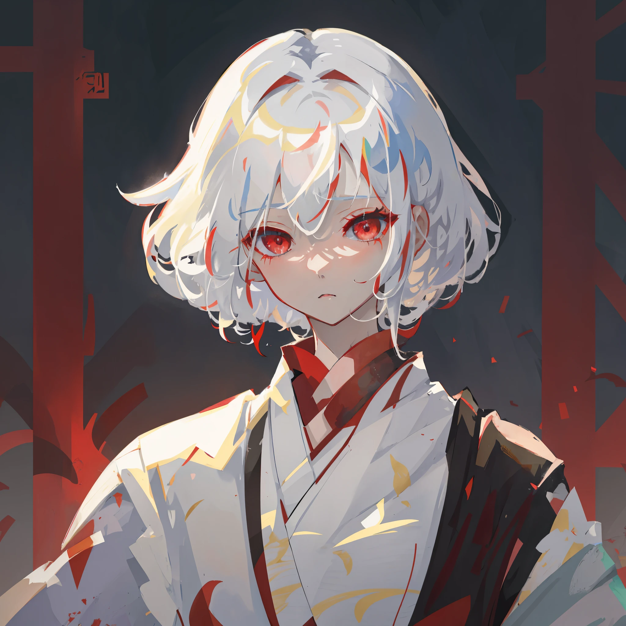 Anime girl with white hair and red eyes wearing a white kimono, Guweiz style artwork, guweiz, guweiz on pixiv artstation, white-haired god, guweiz on artstation pixiv, Rosdrus Sakimichan, a stunning anime face portrait, Demon Slayer: Rui fan art, with a red eyes, Digital anime illustration