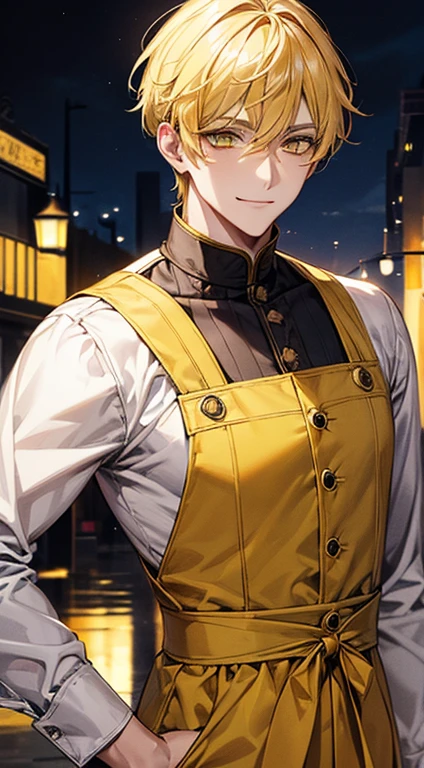 man 1、yellow short hair, long yellow eyelashes、Handsome man with yellow eyebrows and yellow expressive eyes, Smiling, Yellow eyes、细致背景、pinafore