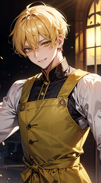 man 1、yellow short hair, long yellow eyelashes、Handsome man with yellow eyebrows and yellow expressive eyes, Smiling, Yellow eyes、细致背景、pinafore