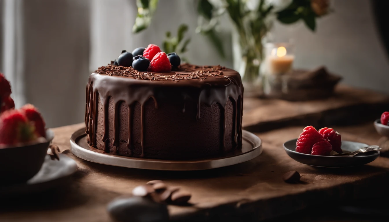 a creative shot of a chocolate cake with a unique design, such as a drip cake, ombre effect, or intricate piping work, showcasing the artistry and craftsmanship involved