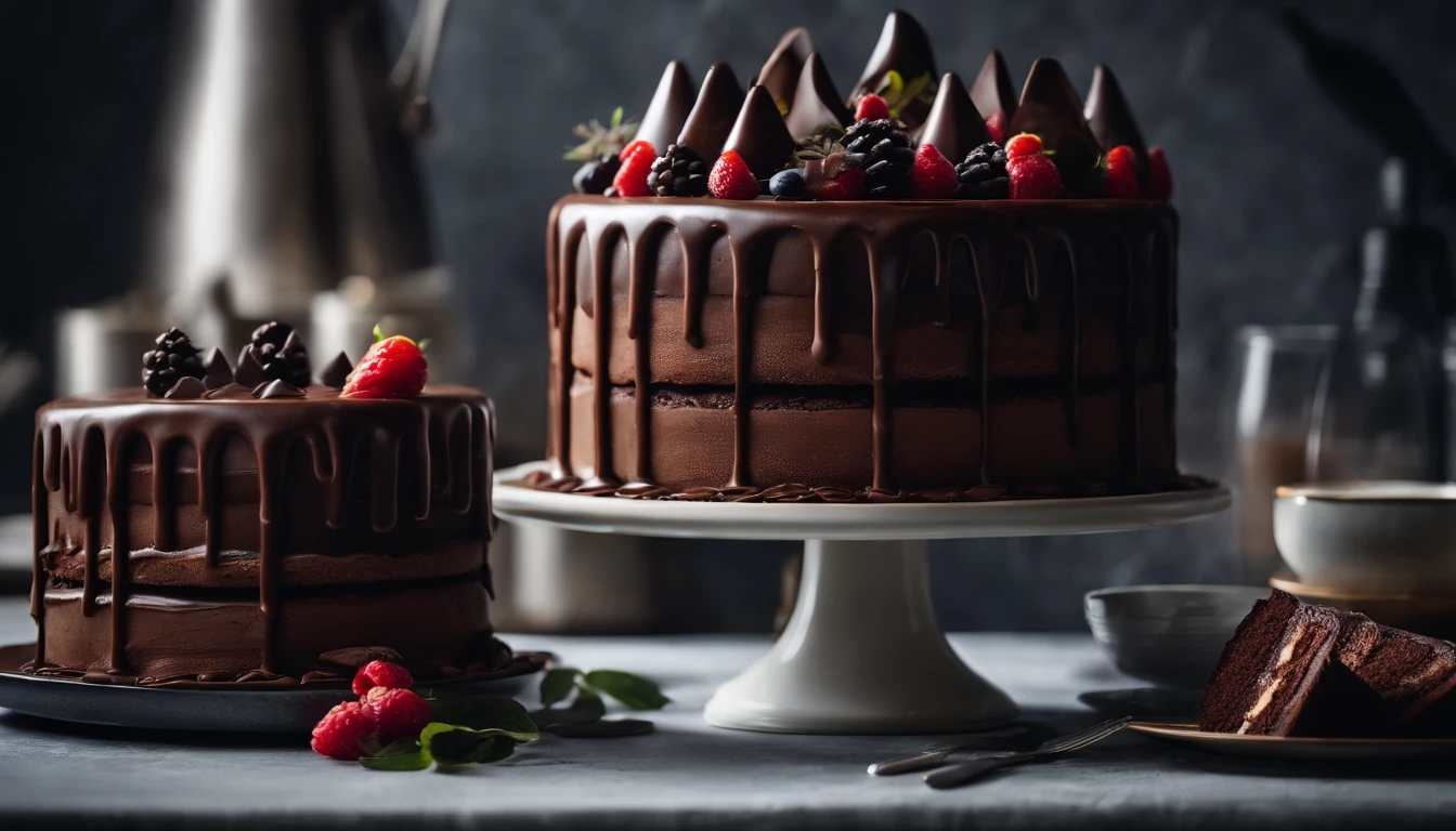 a creative shot of a chocolate cake with a unique design, such as a drip cake, ombre effect, or intricate piping work, showcasing the artistry and craftsmanship involved