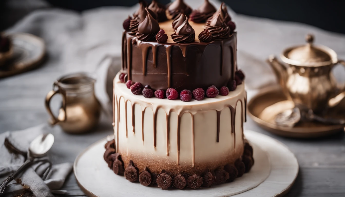 a creative shot of a chocolate cake with a unique design, such as a drip cake, ombre effect, or intricate piping work, showcasing the artistry and craftsmanship involved