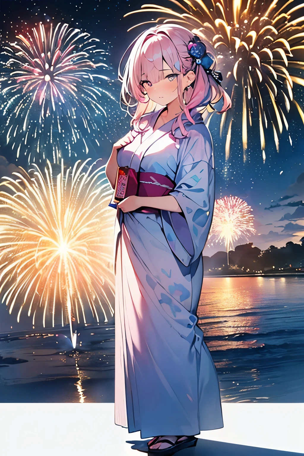 (Heart Shape, many:1.2 fireworks), (dark brown skin, solo:2, 1000 yo, Dreadlocks pink hair long hair sexy elf woman, cool gray eyes, glossy lip, small tits), (in a beautiful yukata with double exposure:1.2 of fireworks), BREAK, 16k, beautiful detailed silhouette.