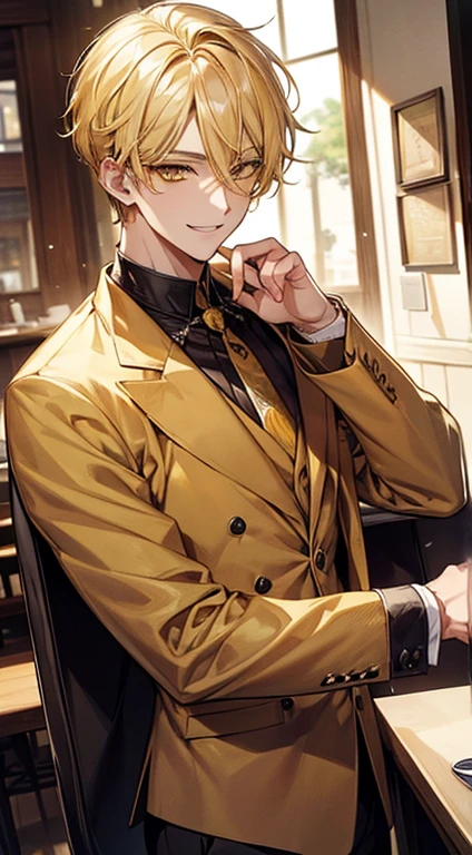 man 1、yellow short hair, long yellow eyelashes、Handsome man with yellow eyebrows and yellow expressive eyes, Smiling, Yellow eyes、细致背景、cafes