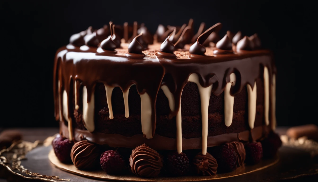 a creative shot of a chocolate cake with a unique design, such as a drip cake, ombre effect, or intricate piping work, showcasing the artistry and craftsmanship involved