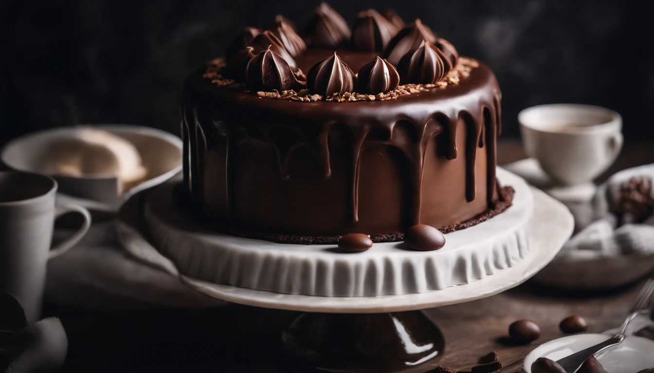 a creative shot of a chocolate cake with a unique design, such as a drip cake, ombre effect, or intricate piping work, showcasing the artistry and craftsmanship involved