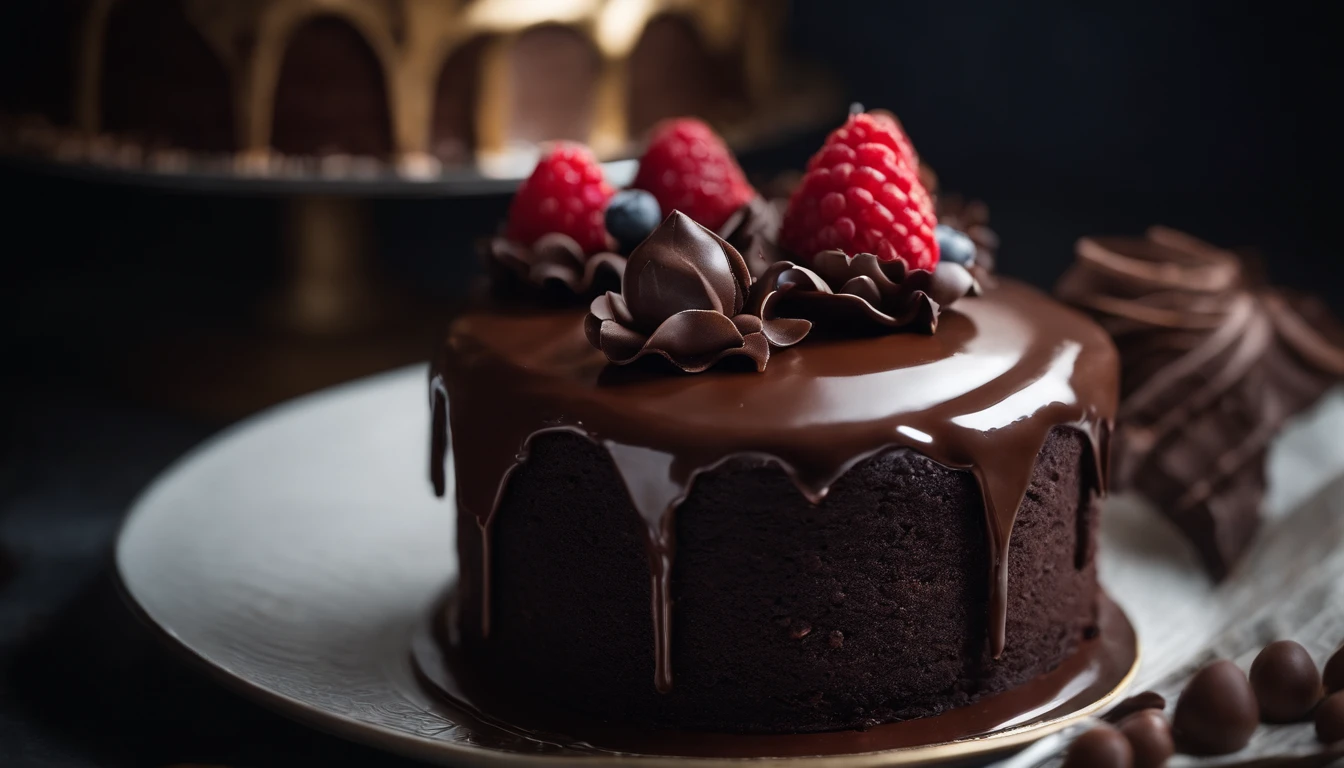 a creative shot of a chocolate cake with a unique design, such as a drip cake, ombre effect, or intricate piping work, showcasing the artistry and craftsmanship involved