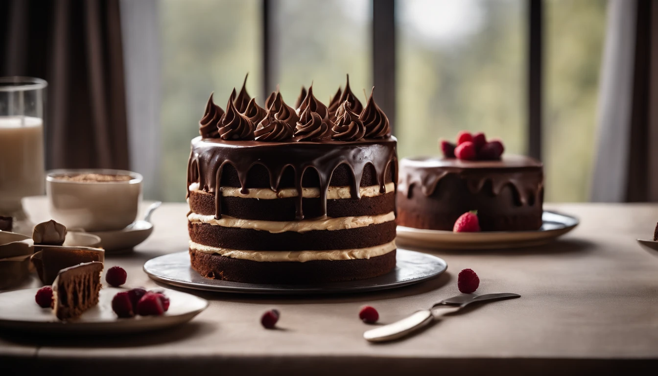 a creative shot of a chocolate cake with a unique design, such as a drip cake, ombre effect, or intricate piping work, showcasing the artistry and craftsmanship involved