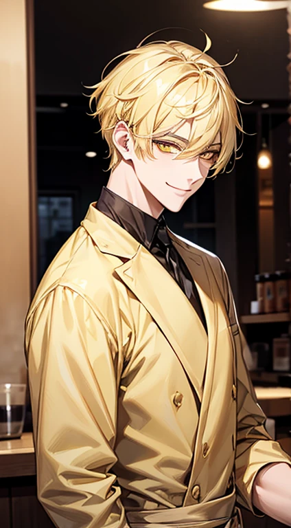man 1、yellow short hair, long yellow eyelashes、Handsome man with yellow eyebrows and yellow expressive eyes, Smiling, Yellow eyes、细致背景、Barista