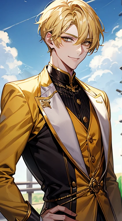 man 1、yellow short hair, long yellow eyelashes、Handsome man with yellow eyebrows and yellow expressive eyes, Smiling, Yellow eyes、细致背景、tailcoat