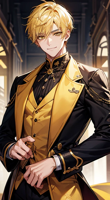 man 1、yellow short hair, long yellow eyelashes、Handsome man with yellow eyebrows and yellow expressive eyes, Smiling, Yellow eyes、细致背景、tailcoat
