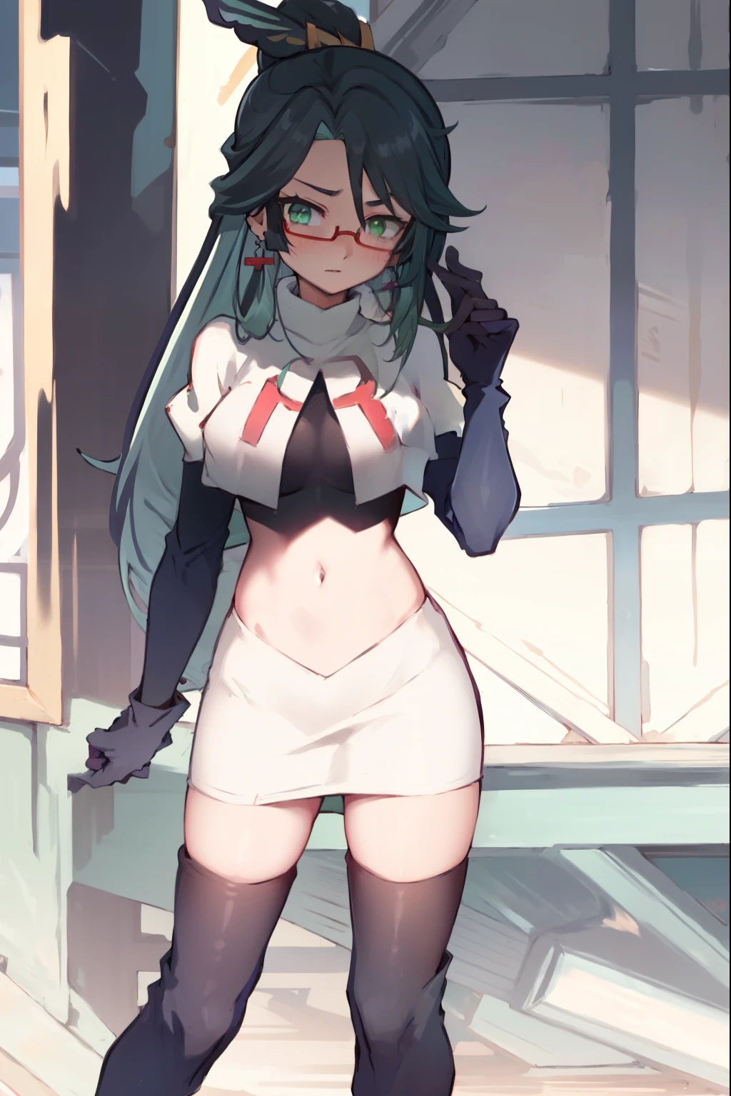 2d, masterpiece, best quality, anime, highly detailed face, perfect lighting, long hair, ponytail, multicolored hair, black hair, bangs, glasses, semi-rimless eyewear, earrings, green hair, hair ornament, jewelry, red-framed eyewear, green eyes, team rocket,team rocket uniform,white skirt,red letter R,crop top,black thigh-high boots,black elbow gloves, embarrassed, blush