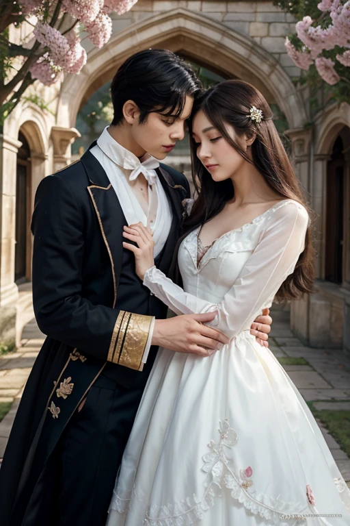 a poster of a couple hugging each other in front of a castle, manhwa, coronation of the flower prince, shoujo romance, aristocratic, the flower prince, castle scene manga, delicate androgynous prince, cover manga, steam romance, romance novel cover, bloom. fantasy, sakimichan and frank franzzeta, manga cover, shoujo manga. witch uniform,