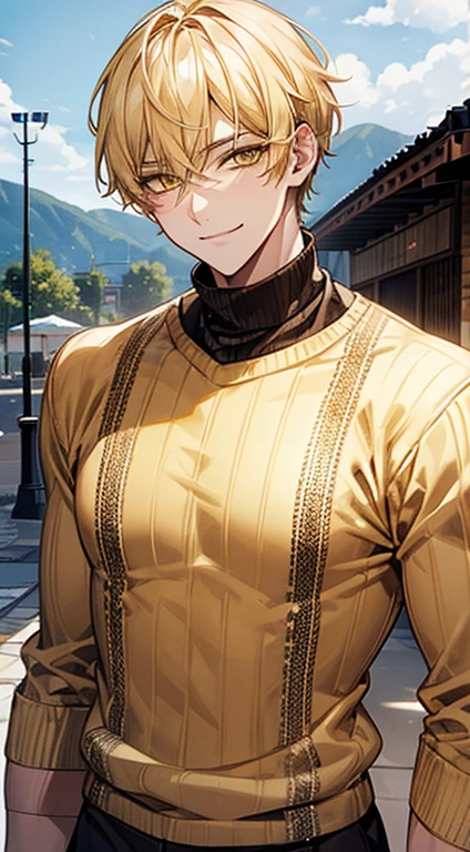 man 1、yellow short hair, long yellow eyelashes、Handsome man with yellow eyebrows and yellow expressive eyes, Smiling, Yellow eyes、细致背景、knitted sweater