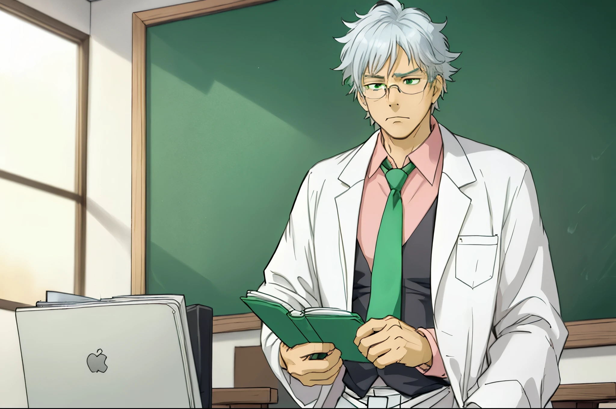 silver haired teacher with medical glasses, white lab coat, pink shirt, green tie, he looks disappointed