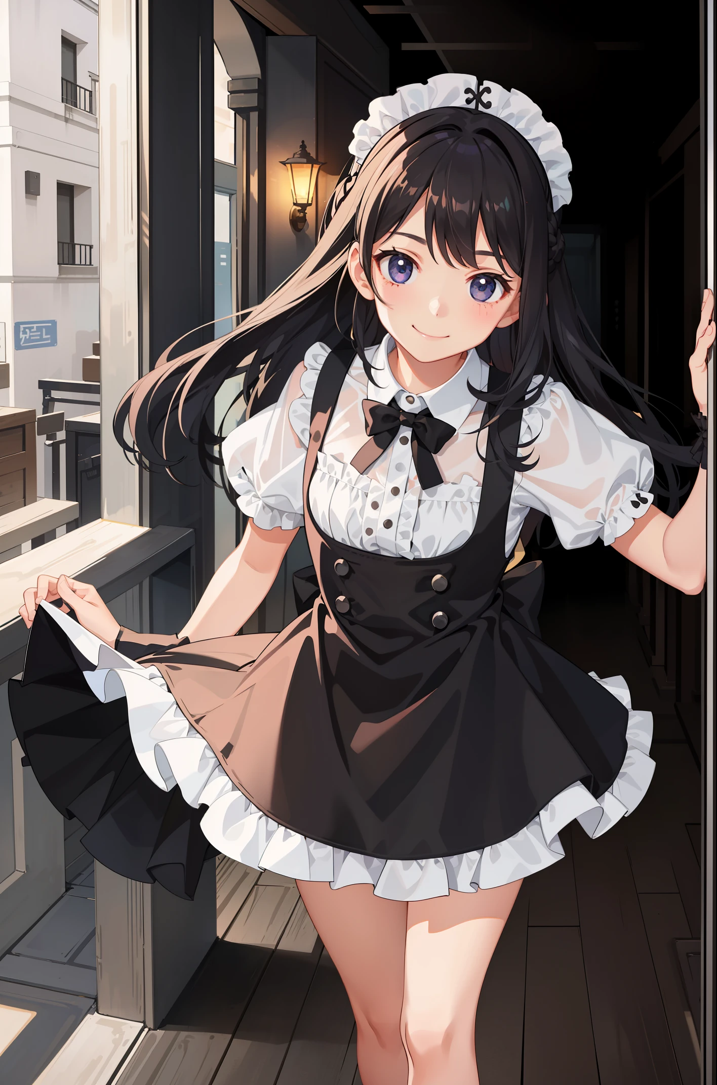 1girl in、A smile、A delightful、skirt by the、(small tits)Chilarism、doress、pinafore、Maids、hair adornments、