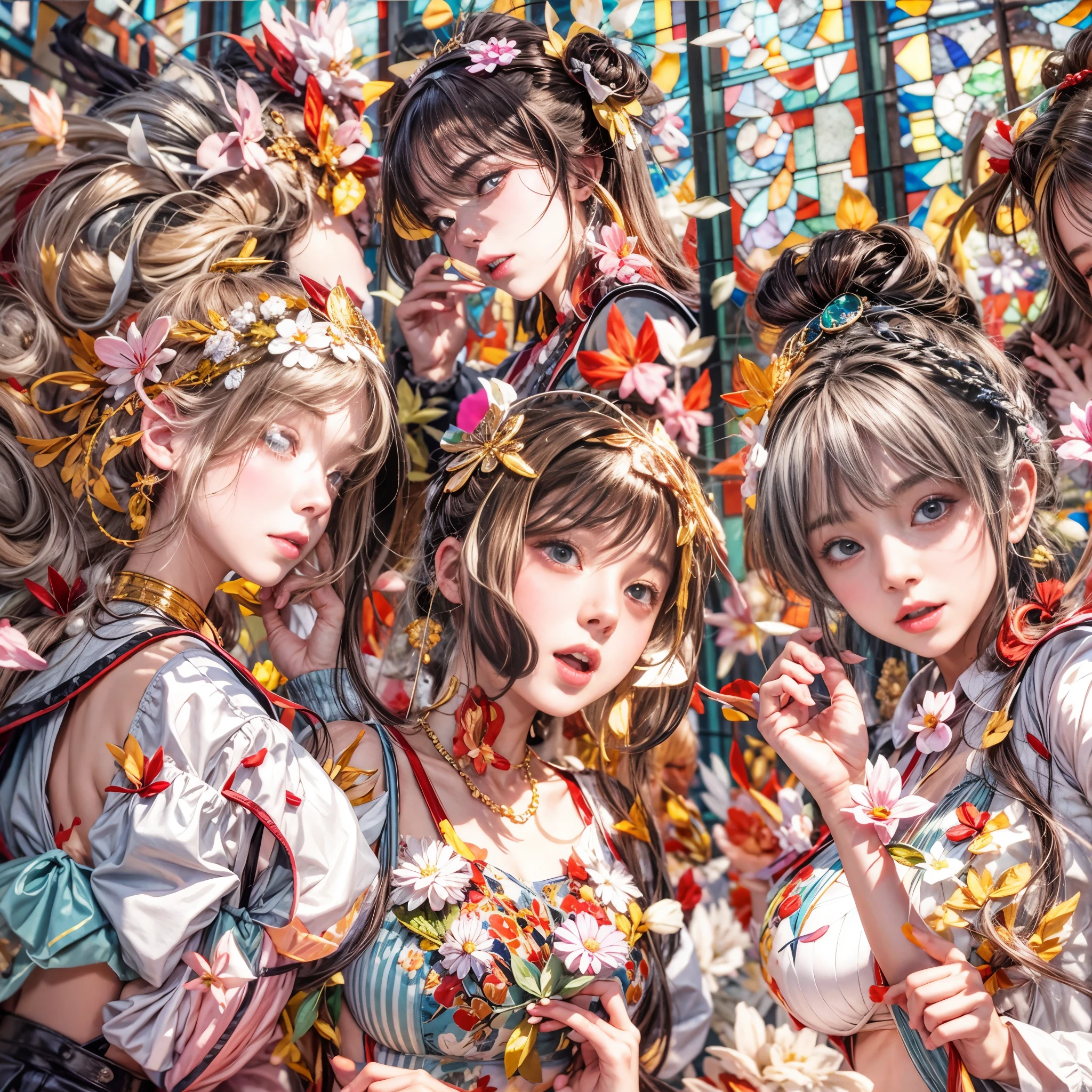 ( Masterpiece:1.25, exposed:1.2, White and vivid colors, navel),  (sexy junior idol), ((face variations)), portrayed in the best quality and high resolution. The image should be ultra-detailed, realistic, and photorealistic with a touch of rawness. back lighting, colorful Light shines through delicate stained glass. The medium can be a combination of photography and concept art. The color tone should be vibrant and vivid, enhancing the overall visual impact. (Whole Body proportions and all limbs are anatomically accurate), (nipple:-0.9) .