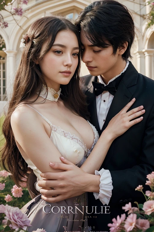 a poster of a couple hugging each other in front of a castle, manhwa, coronation of the flower prince, shoujo romance, aristocratic, the flower prince, castle scene manga, delicate androgynous prince, cover manga, steam romance, romance novel cover, bloom. fantasy, sakimichan and frank franzzeta, manga cover, shoujo manga, in witch uniform,