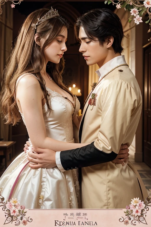 a film poster of a couple hugging each other in front of a castle, manhwa, shoujo romance, aristocratic, the flower prince, castle scene manga, delicate androgynous prince, cover manga, steam romance, romance novel cover, bloom. fantasy, sakimichan and frank franzzeta, manga cover, shoujo manga, in school witch uniform, hate to lover, student, boy an girl, love between friends, with uniform, with title "friends shouldn't act this way!",