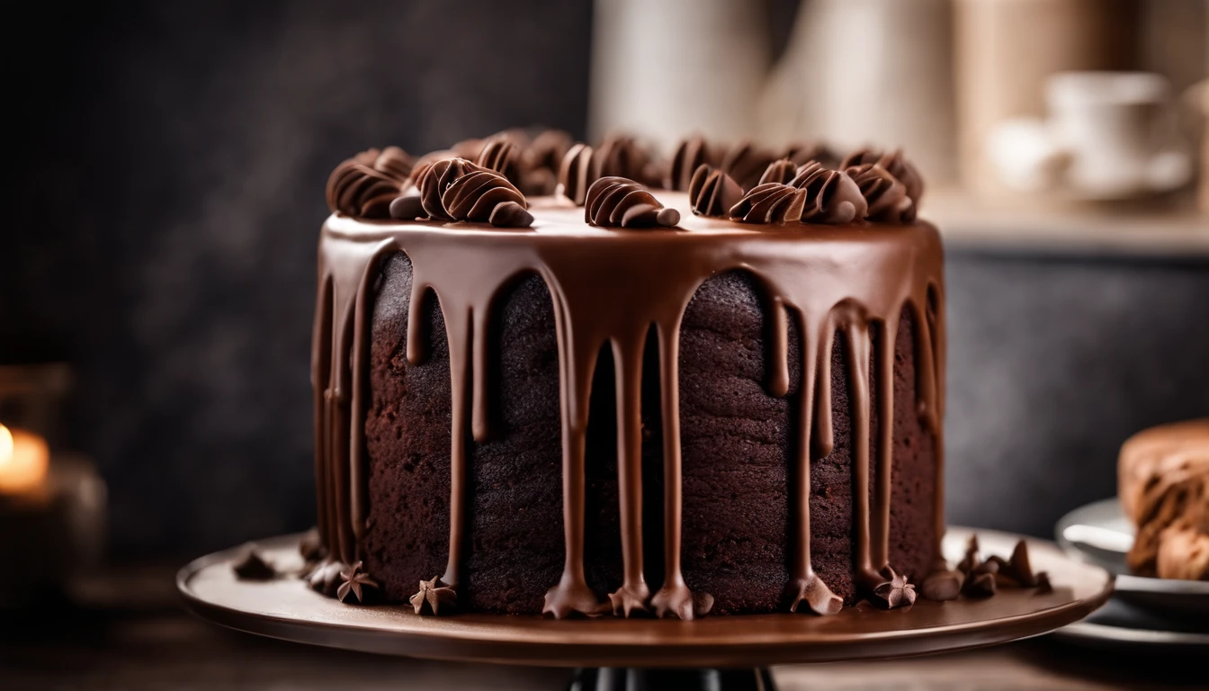 a creative shot of a chocolate cake with a unique design, such as a drip cake, ombre effect, or intricate piping work, showcasing the artistry and craftsmanship involved