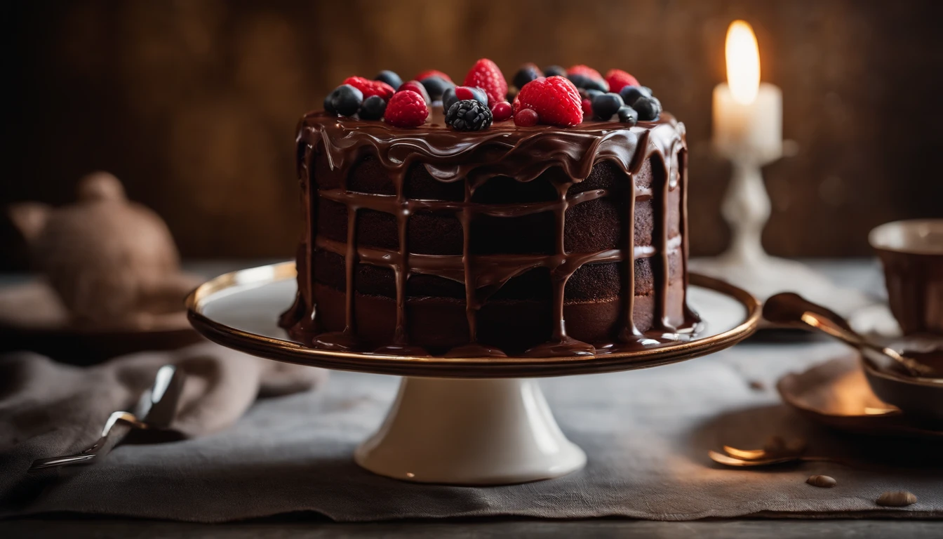 a creative shot of a chocolate cake with a unique design, such as a drip cake, ombre effect, or intricate piping work, showcasing the artistry and craftsmanship involved