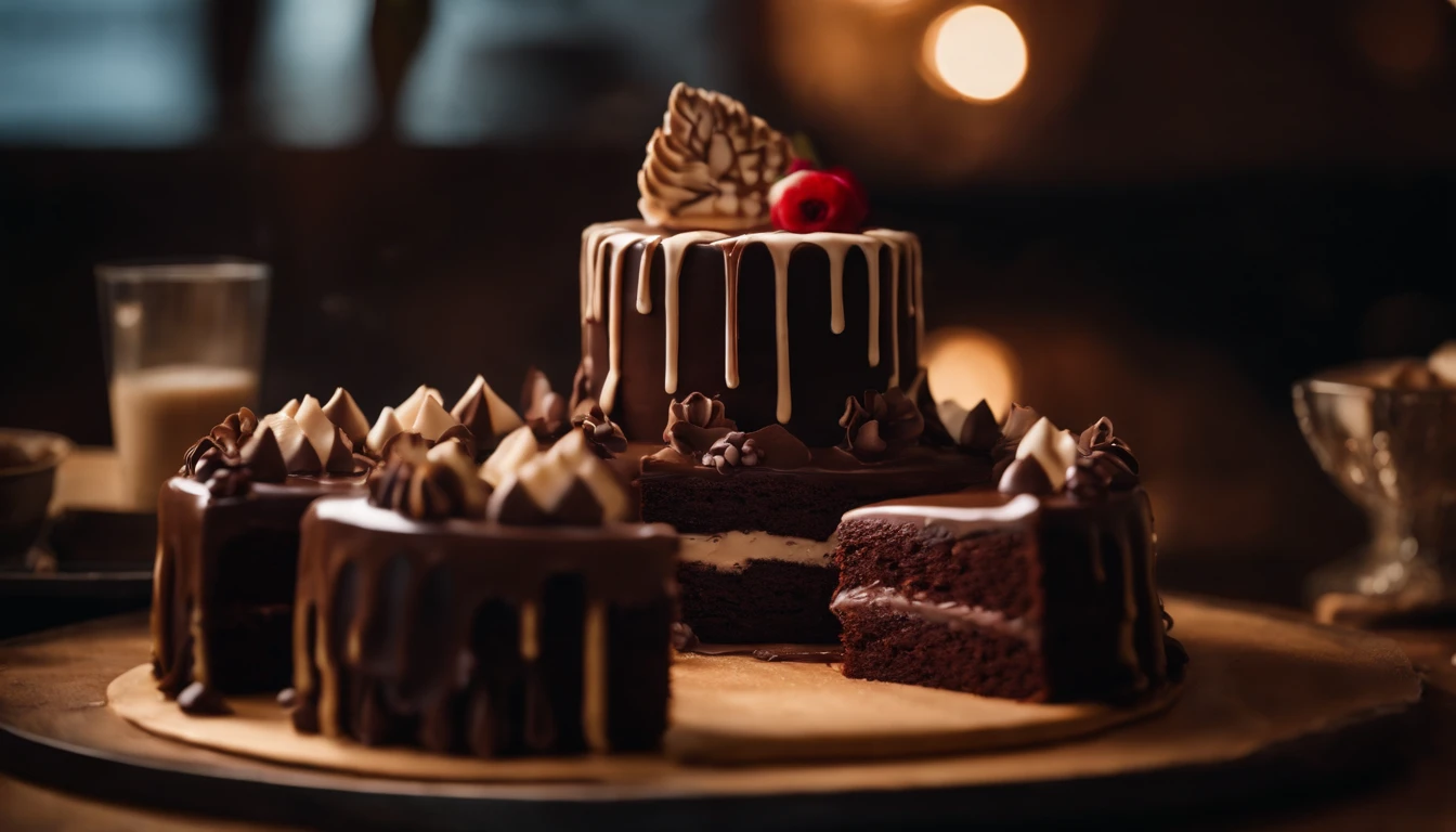 a creative shot of a chocolate cake with a unique design, such as a drip cake, ombre effect, or intricate piping work, showcasing the artistry and craftsmanship involved