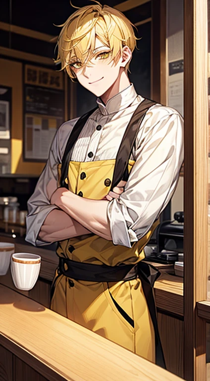 man 1、yellow short hair, long yellow eyelashes、Handsome man with yellow eyebrows and yellow expressive eyes, Smiling, Yellow eyes、细致背景、barista