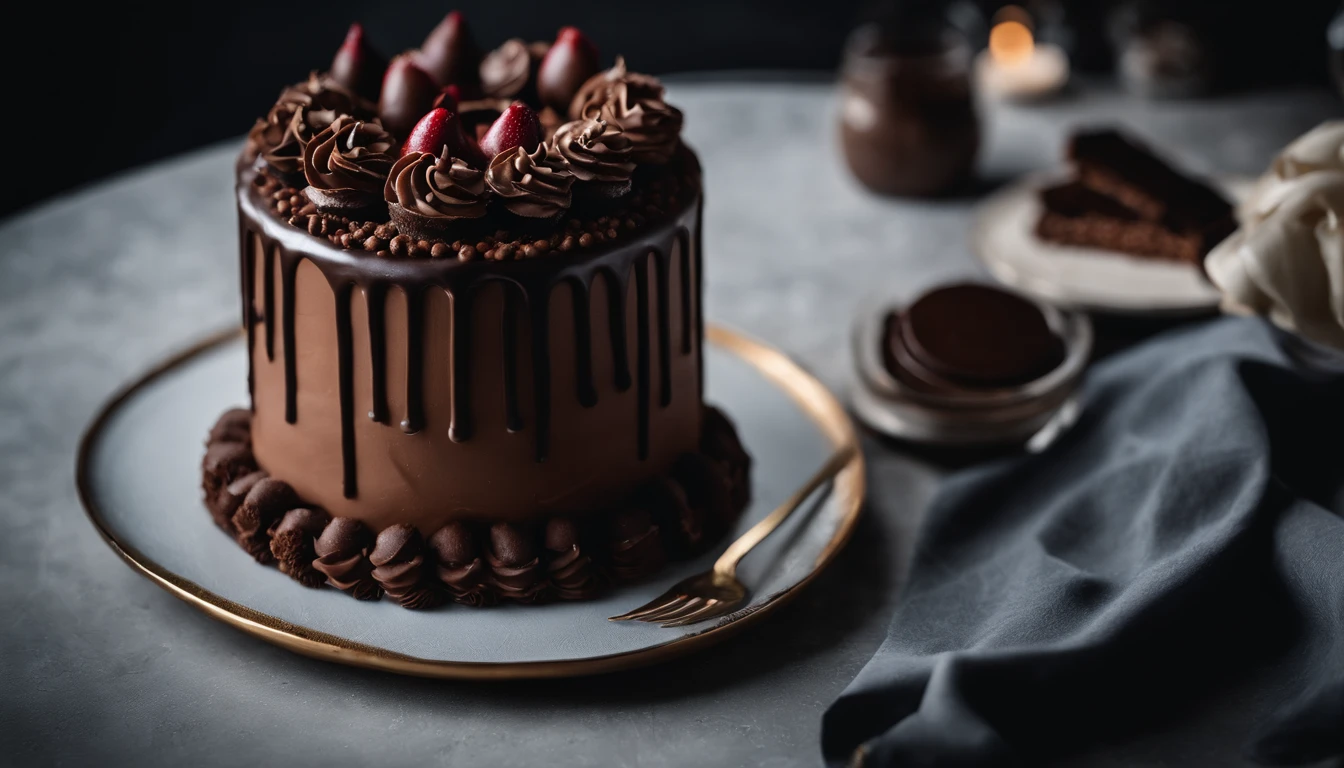 a creative shot of a chocolate cake with a unique design, such as a drip cake, ombre effect, or intricate piping work, showcasing the artistry and craftsmanship involved