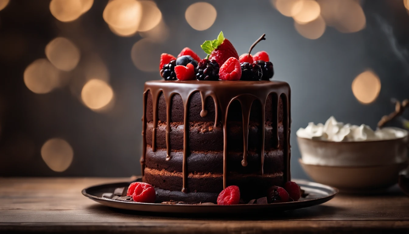 a creative shot of a chocolate cake with a unique design, such as a drip cake, ombre effect, or intricate piping work, showcasing the artistry and craftsmanship involved
