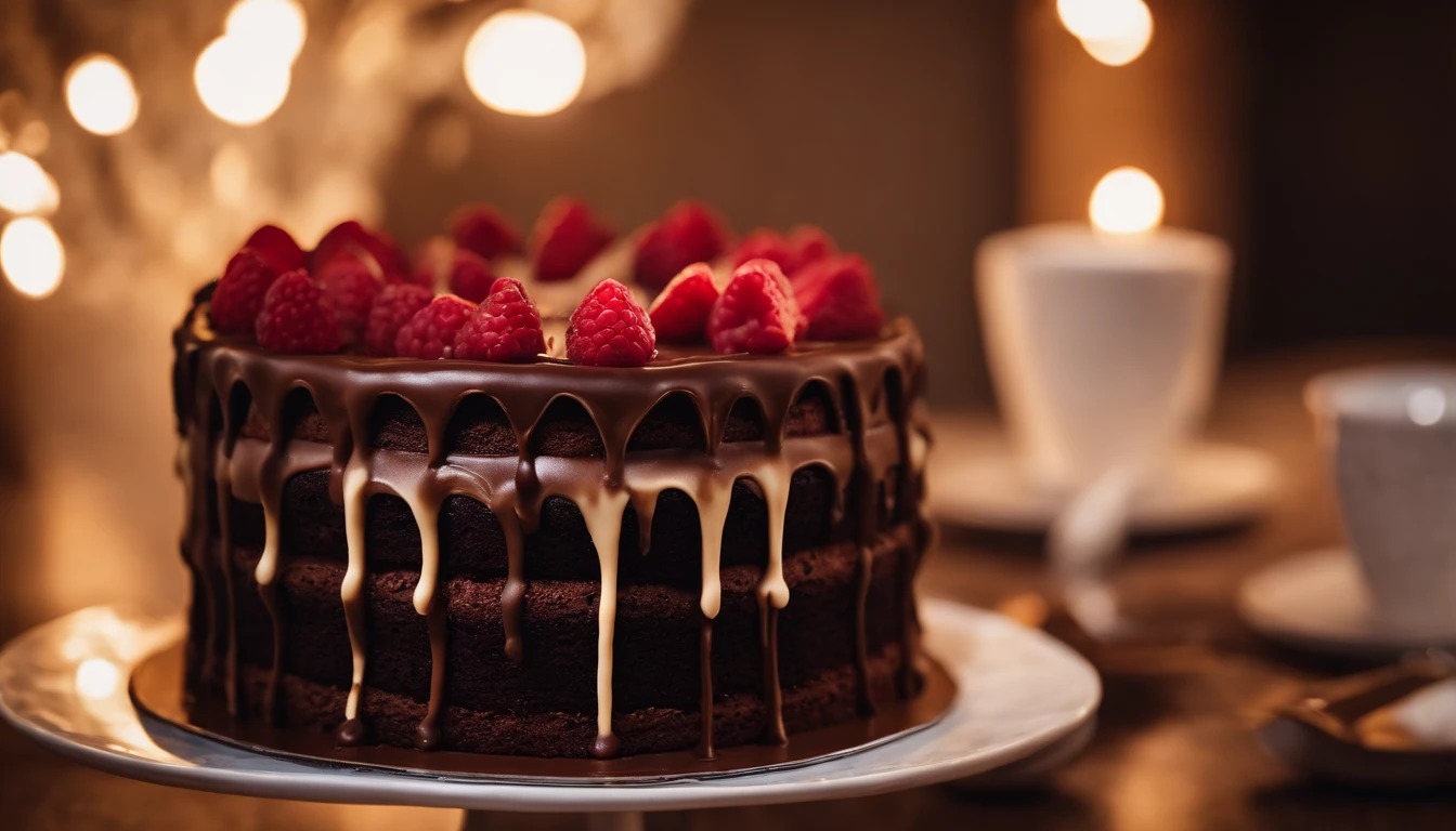 a creative shot of a chocolate cake with a unique design, such as a drip cake, ombre effect, or intricate piping work, showcasing the artistry and craftsmanship involved