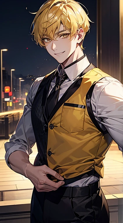 man 1、yellow short hair, long yellow eyelashes、Handsome man with yellow eyebrows and yellow expressive eyes, Smiling, Yellow eyes、细致背景、police officers