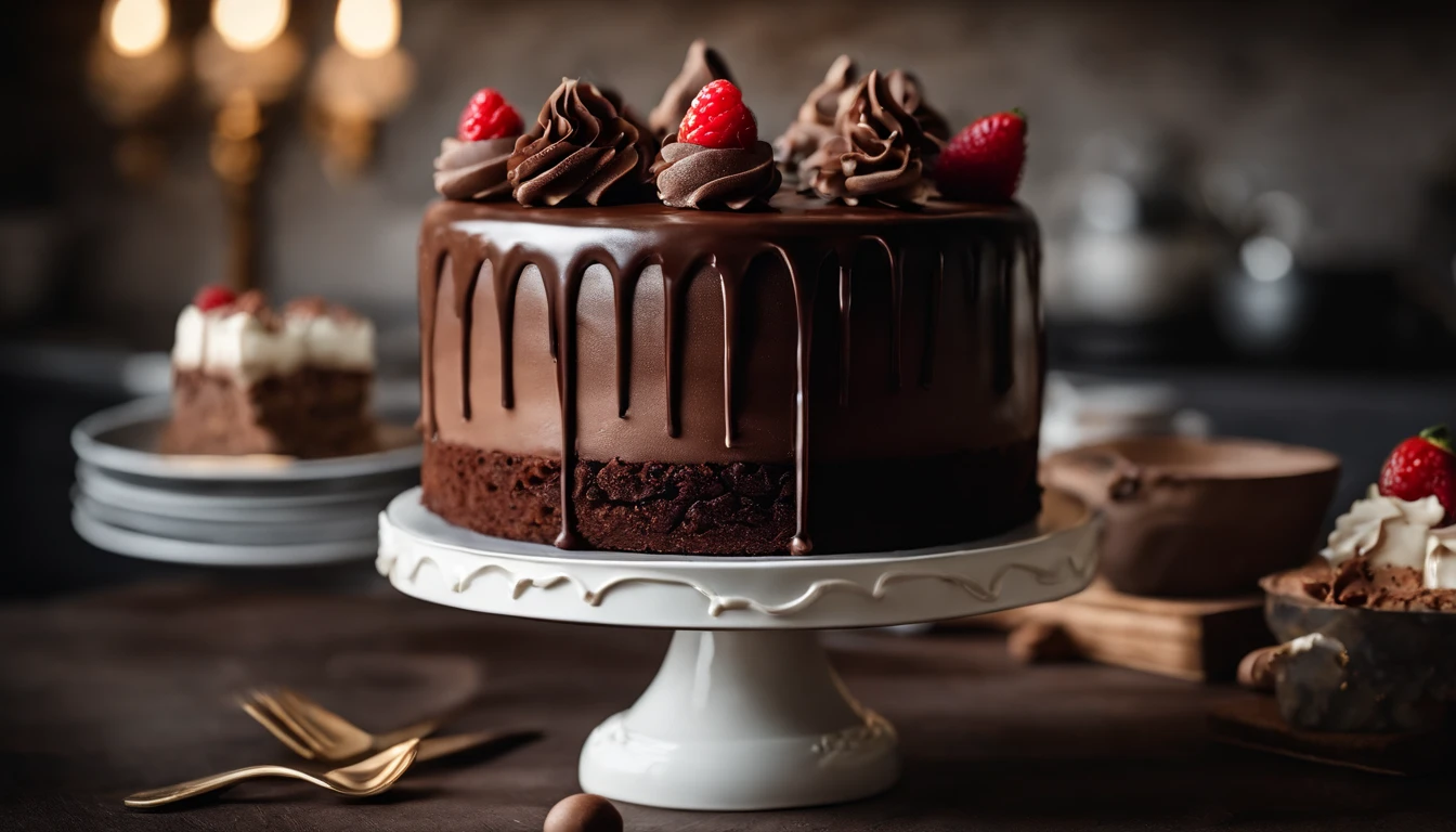 a creative shot of a chocolate cake with a unique design, such as a drip cake, ombre effect, or intricate piping work, showcasing the artistry and craftsmanship involved