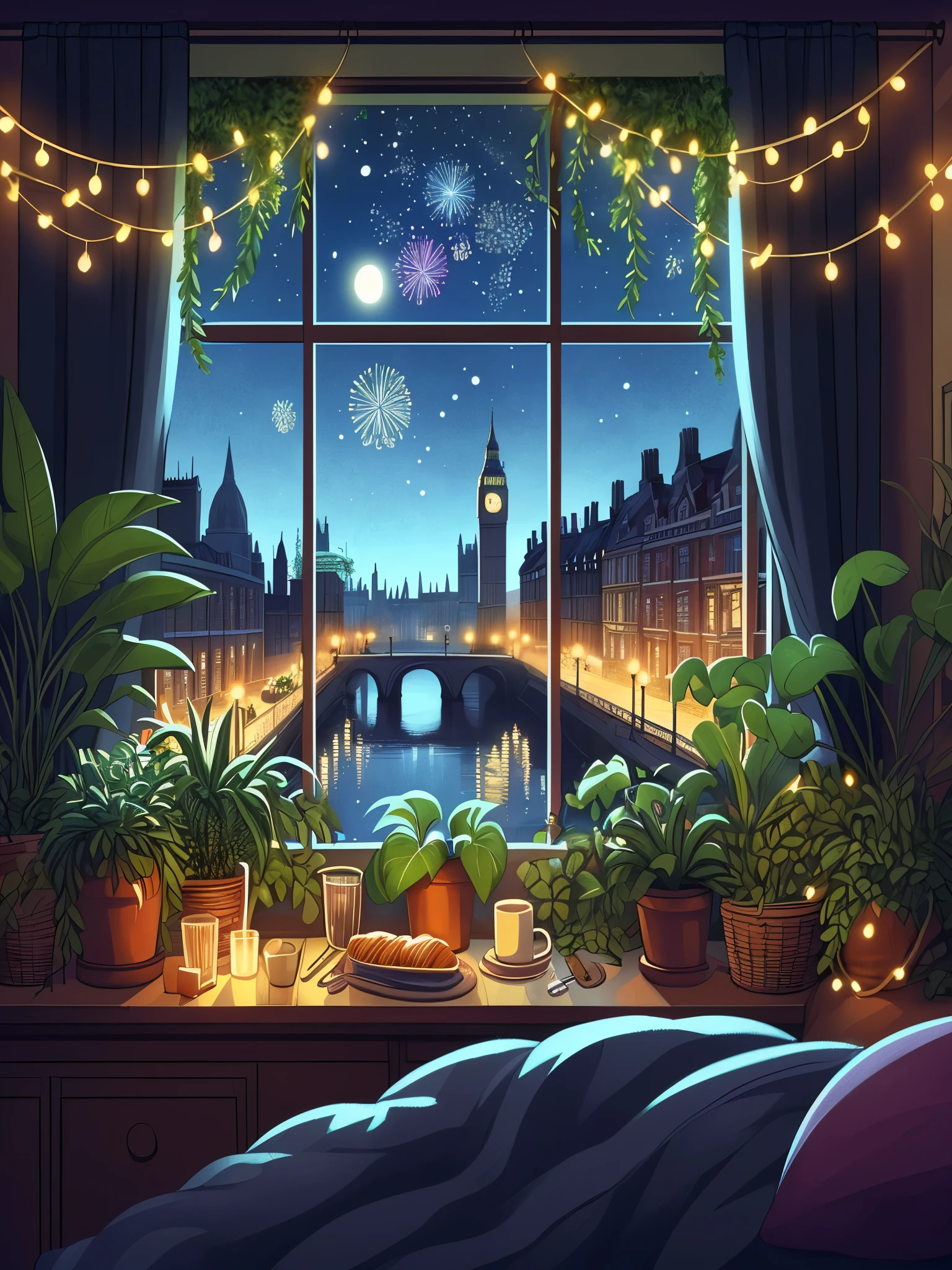 Draw cartoon concept art scene of view from bedroom window of new year celebration in London, plants, fairylights, night, beautiful sky, natural colors, masterpiece, peaceful scene, no one